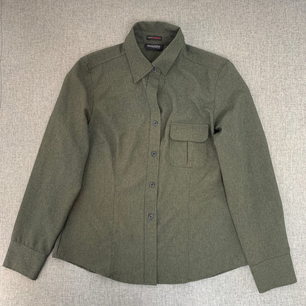 New York & Company Button Down Blouse Long Sleeve Collared Large Green Top